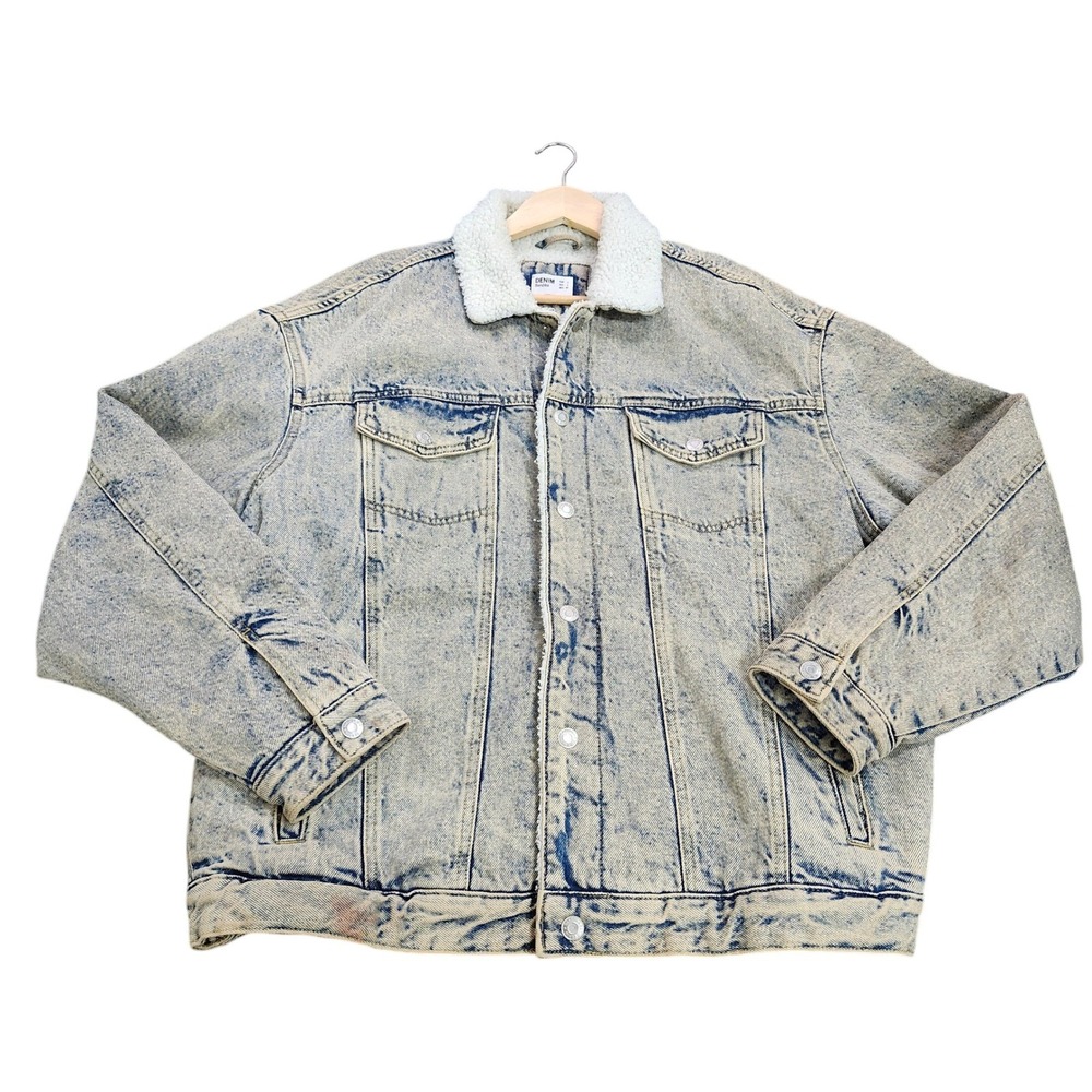 Bershka Jacket Mens L Acid Wash PRDX Graphic Light Blue Sherpa Lined Trucker EUC